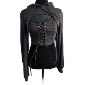 SHEIN Black Corset Lace-Up Crop Hoodie — Cutout Chest, Long Sleeve